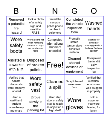 Warehouse Safety Bingo Card