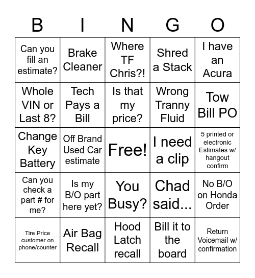 In - Tow Bill PO / Out - Broken Key Surgery Bingo Card