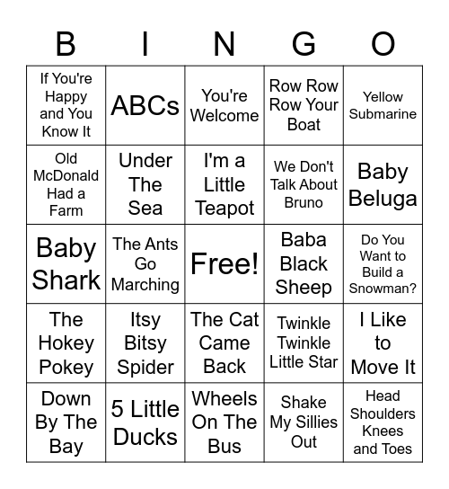 Children's Musical Bingo Card