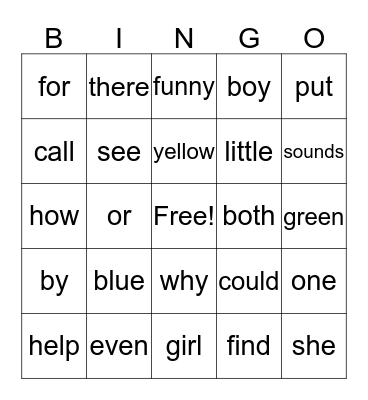 Bingo for Kids Bingo Card