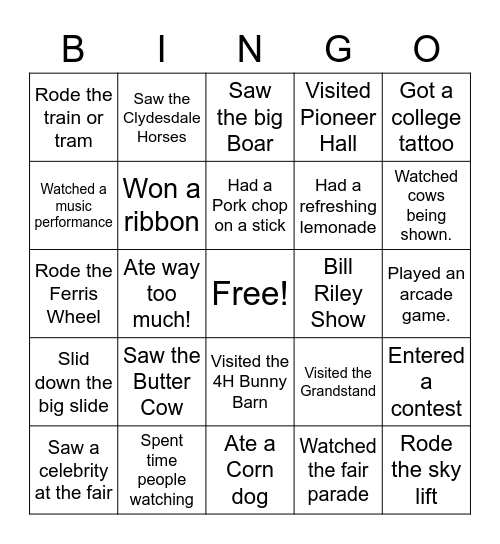 Iowa State Fair Bingo Card