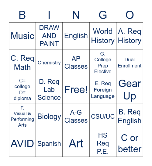 A-G Reqs Bingo Card