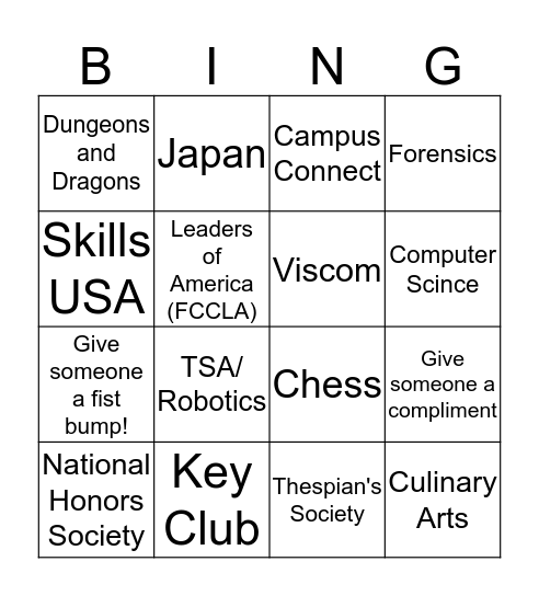 Club Fair Bingo Card