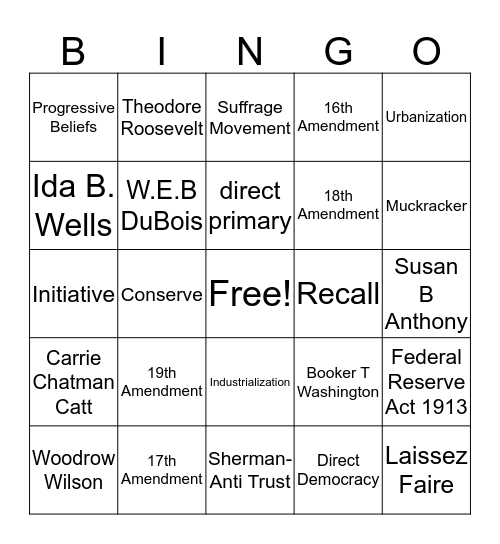 Progressive Era  Bingo Card