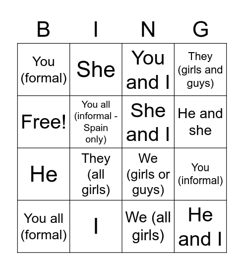 Subject Pronouns Bingo Card