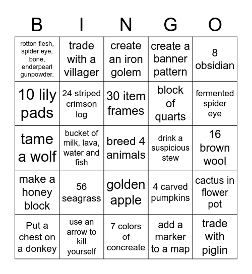 Mincraft bingo Card