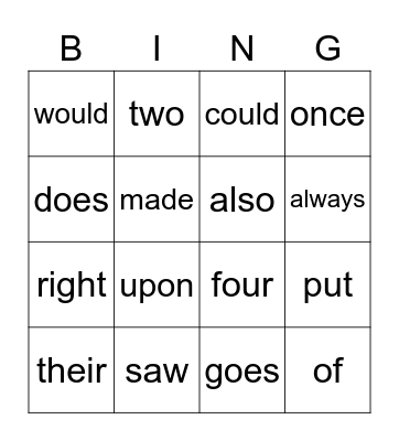 sight words 4 Bingo Card