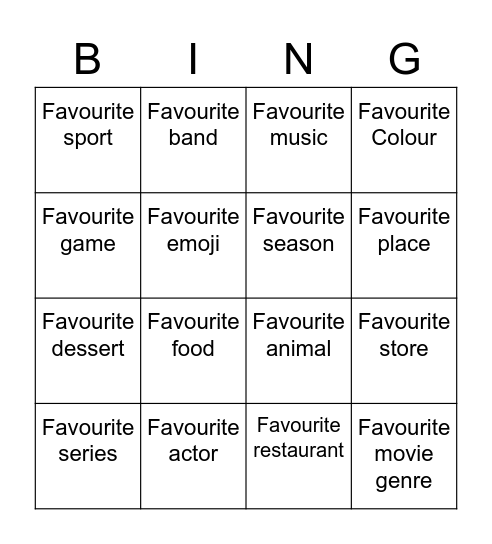 Favourites Bingo Card