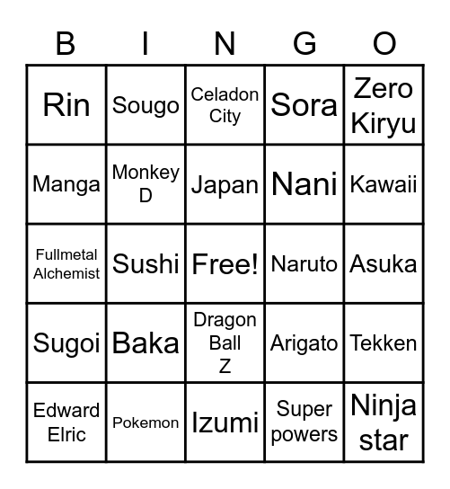 Anime Bingo Card