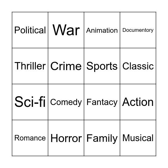 Movie Themes Bingo Card