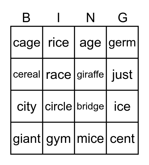 Soft c and g words Bingo Card