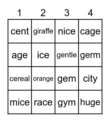 Soft C and G Bingo Card