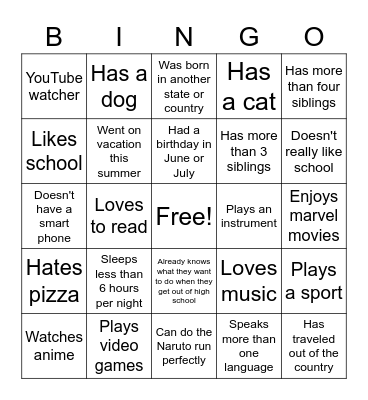 All about me Bingo Card