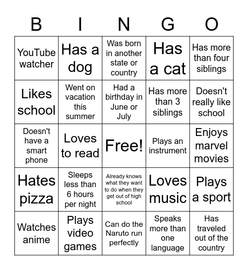 All about me Bingo Card