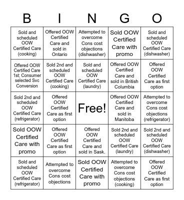 OOW Sales Bingo Card
