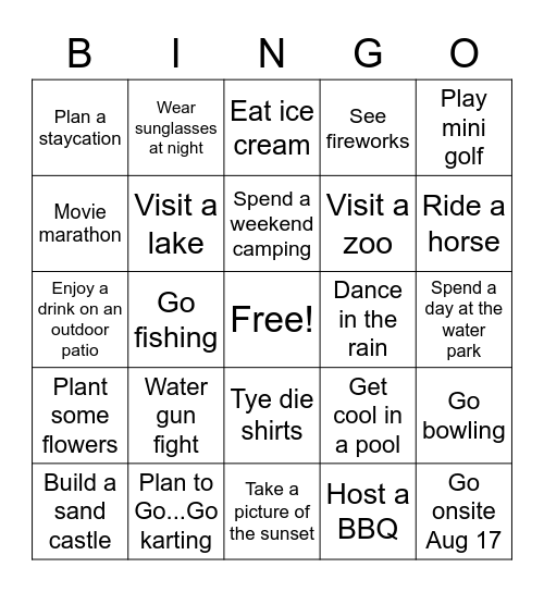 Summer Bucket list BINGO Card