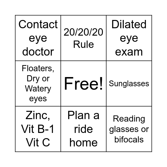 Eye Care and Health Bingo Card