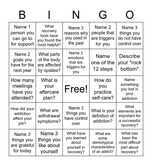 Recovery BINGO Card