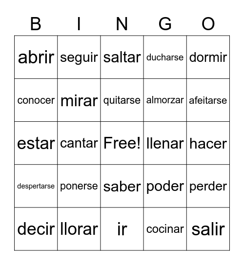 Review Verbs Bingo Card