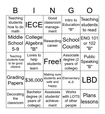 Teacher Bingo Card