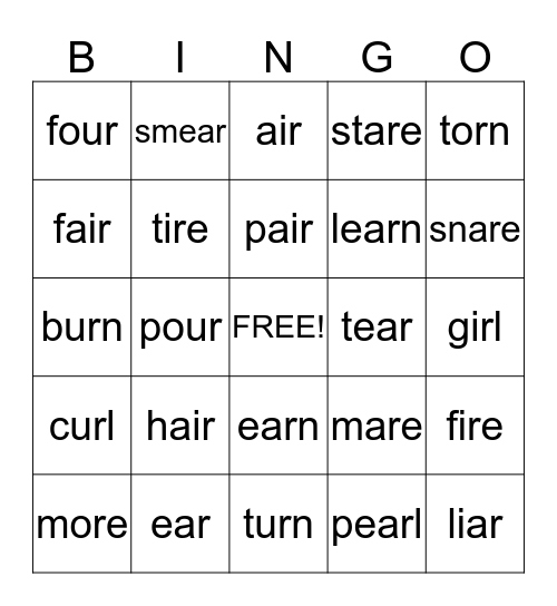 Vocalic /r/ Bingo Card