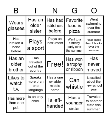 Back to School Bingo Card