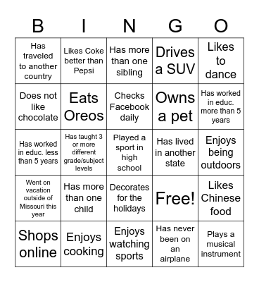 Staff Scavenger Hunt Bingo Card