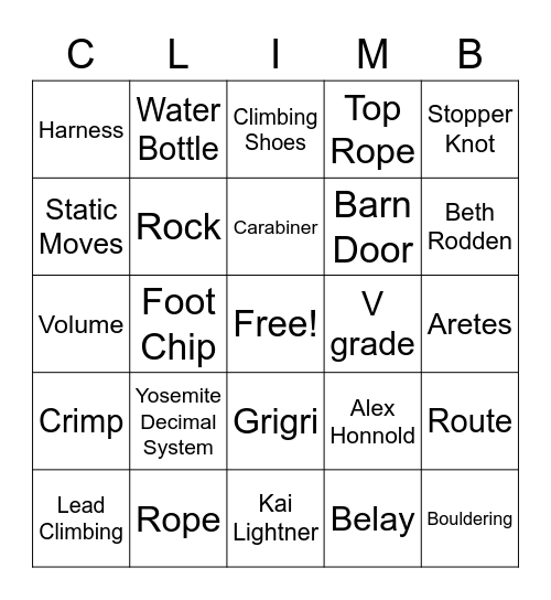Rock Climbing Bingo Card