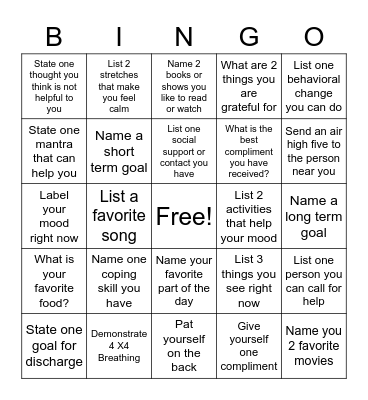 Mental Health Bingo Card