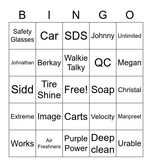 Car wash BINGO Card