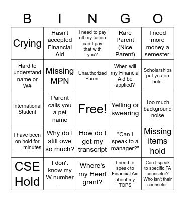 Call Center Bingo Card