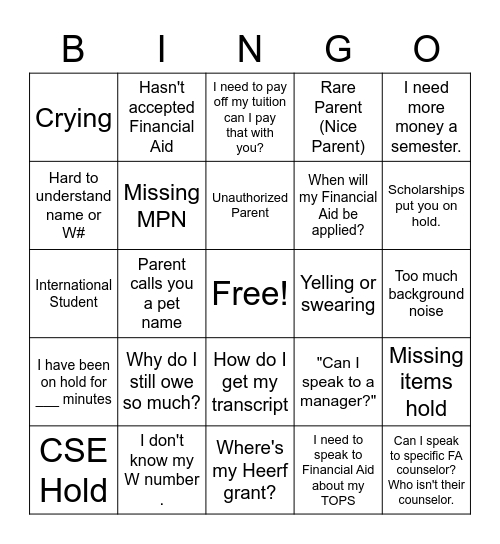 Call Center Bingo Card