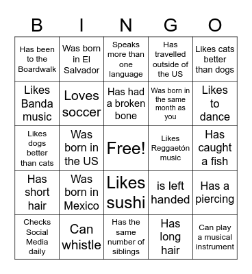 Find a Student Who... Bingo Card