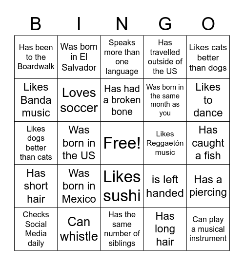 Find a Student Who... Bingo Card