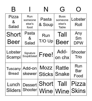 LUNCH BINGO!!!!!!!!! Bingo Card