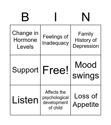 Post Partum Depression Bingo Card
