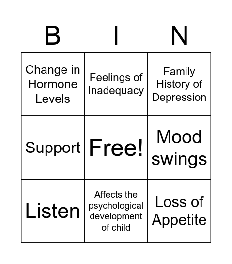 Post Partum Depression Bingo Card