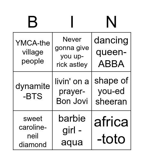 music bingo Card