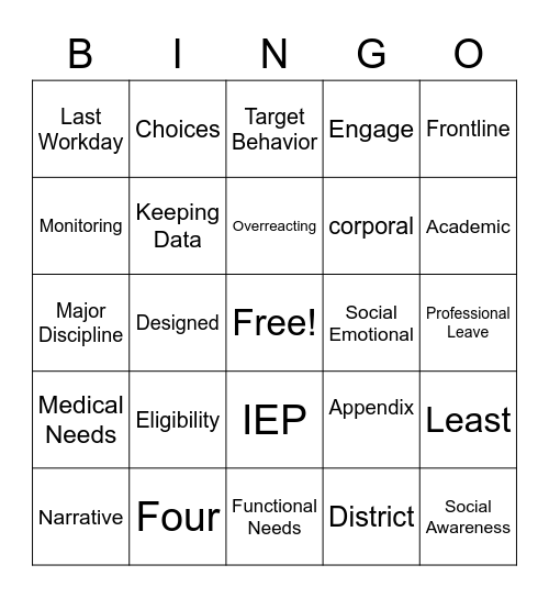 Instructional Assistant Handbook Bingo Card
