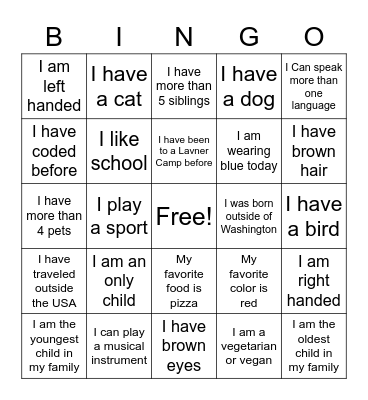 Icebreaker Bingo Card