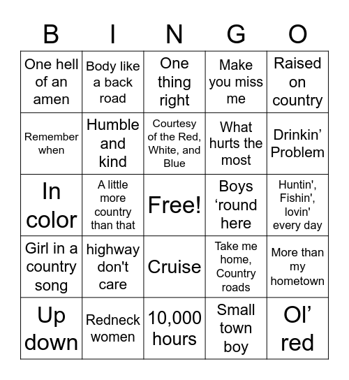 country-music-bingo-card