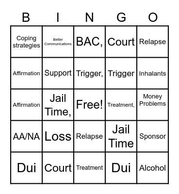 Sobriety Bingo Card