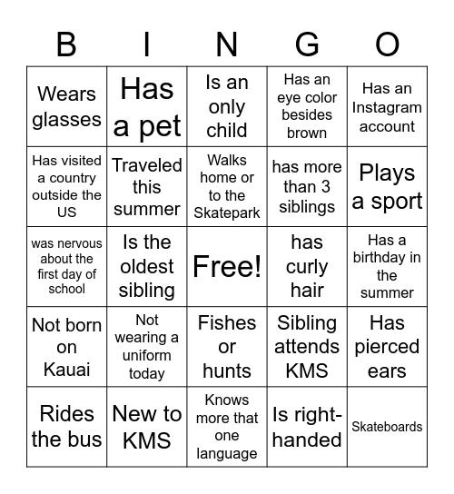 Ice breaker Bingo Card