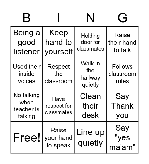 Good Behavior Bingo Card