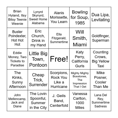 Summer Hits Bingo Card