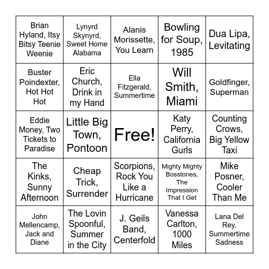 Summer Hits Bingo Card