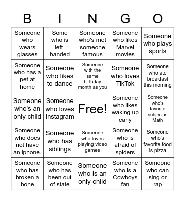 Freshman Orientation Bingo Card