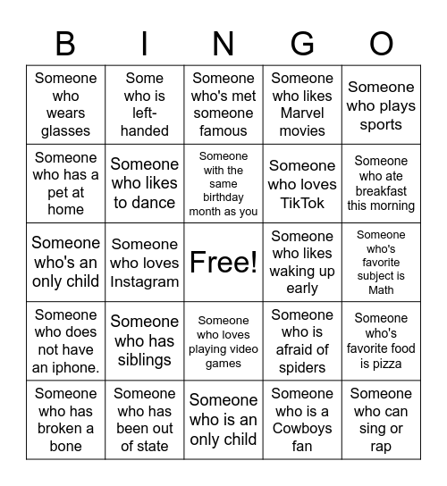 Freshman Orientation Bingo Card