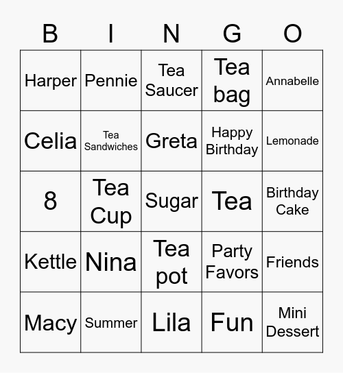 Nina's Birthday Bingo Card