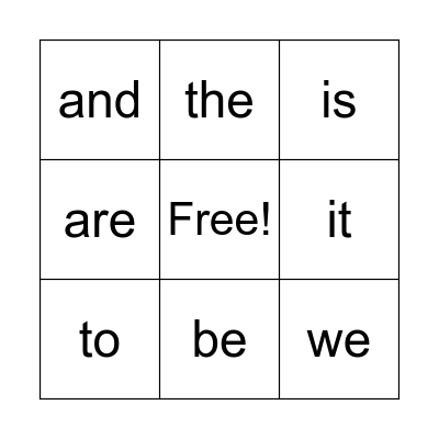 sight words Bingo Card
